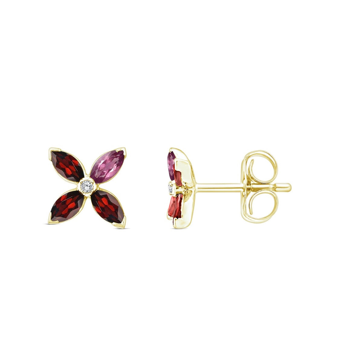 9K Gold Diamond & Garnet Flower Studs