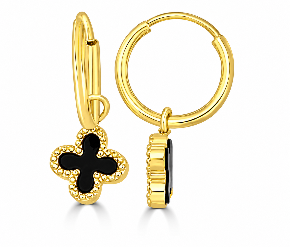 9K Gold Black Onyx Clover Huggies