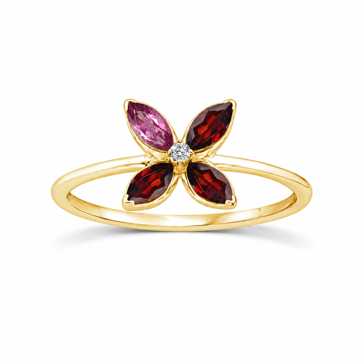 9K Gold Diamond & Garnet Flower Ring