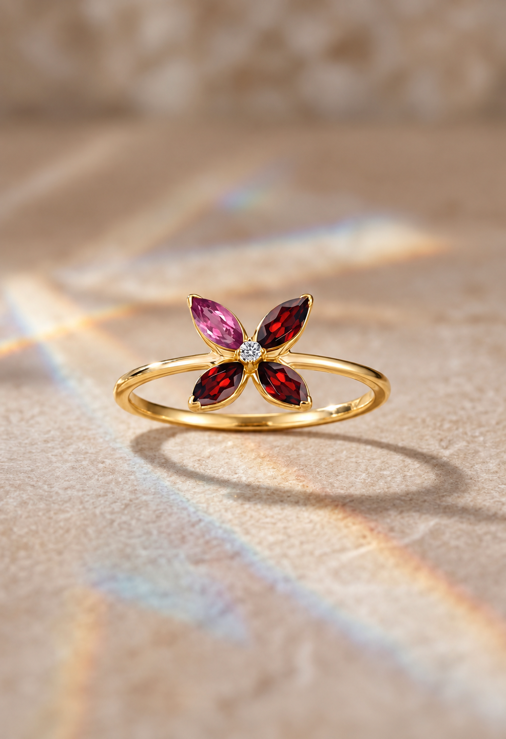 9K Gold Diamond & Garnet Flower Ring