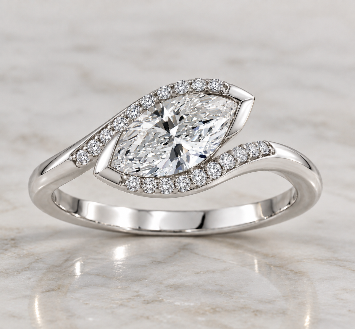 9K Gold 1.08ct Diamond Tilted Marquise Ring