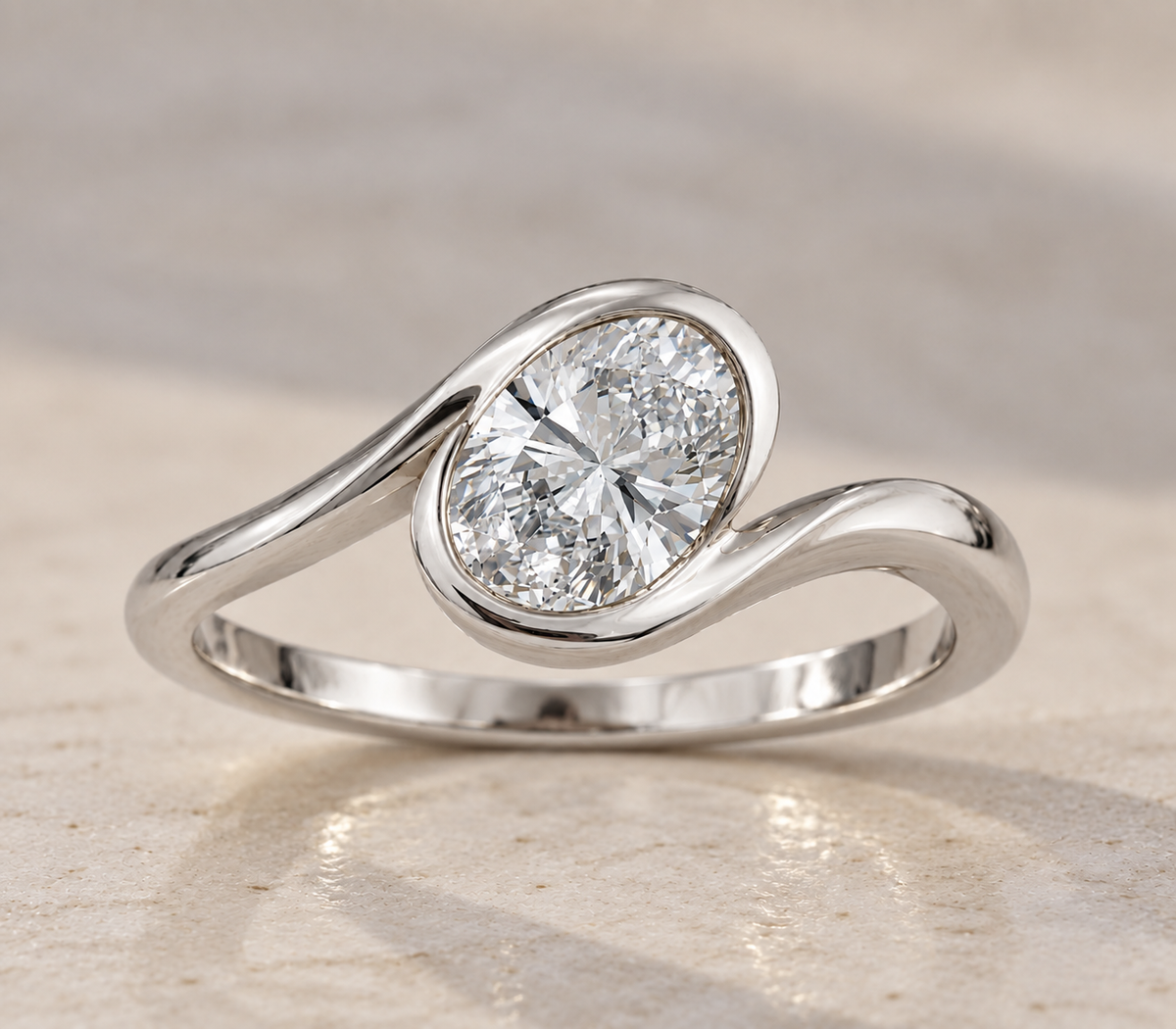 9K Gold 1ct Diamond Tilted Oval Bezel Ring