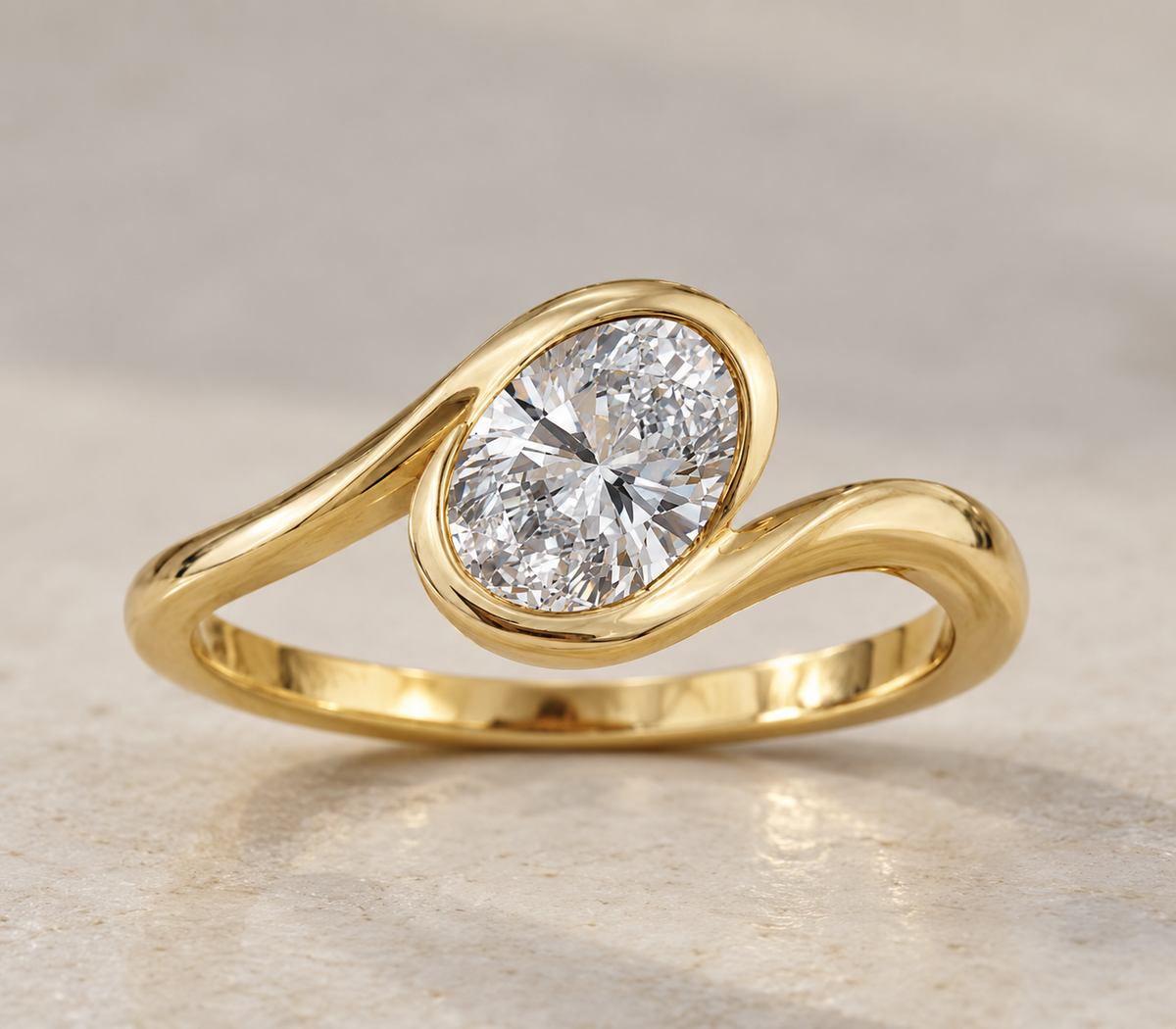 9K Gold 1ct Diamond Tilted Oval Bezel Ring