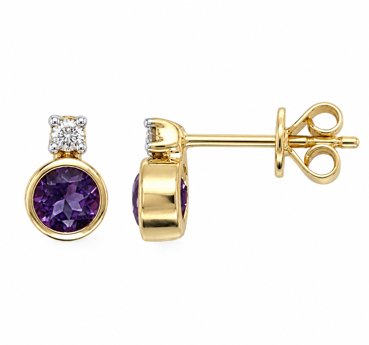 9K Gold 0.06ct Diamond & Amethyst Studs