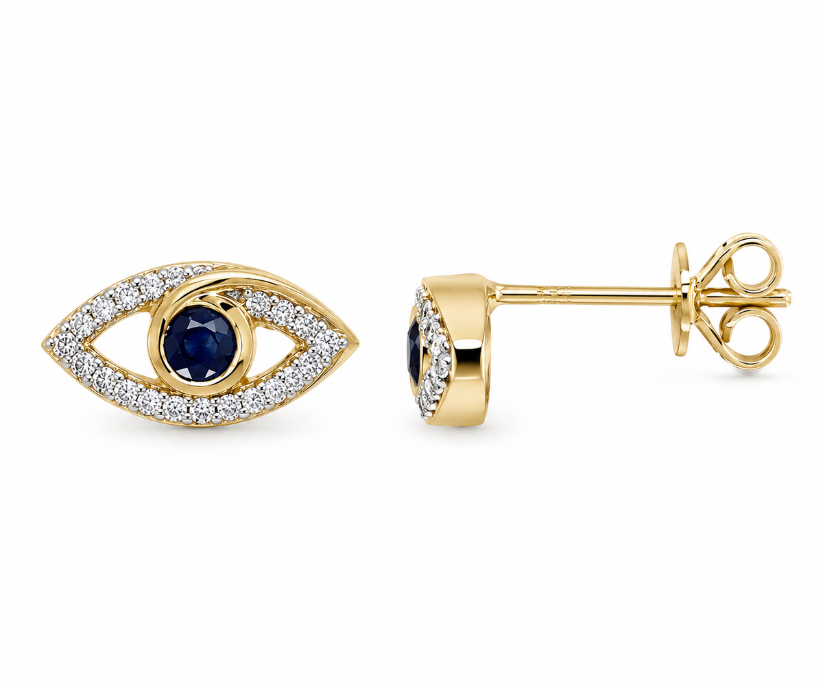 9K Gold 0.10ct Diamond & Sapphire Blue Eye Studs