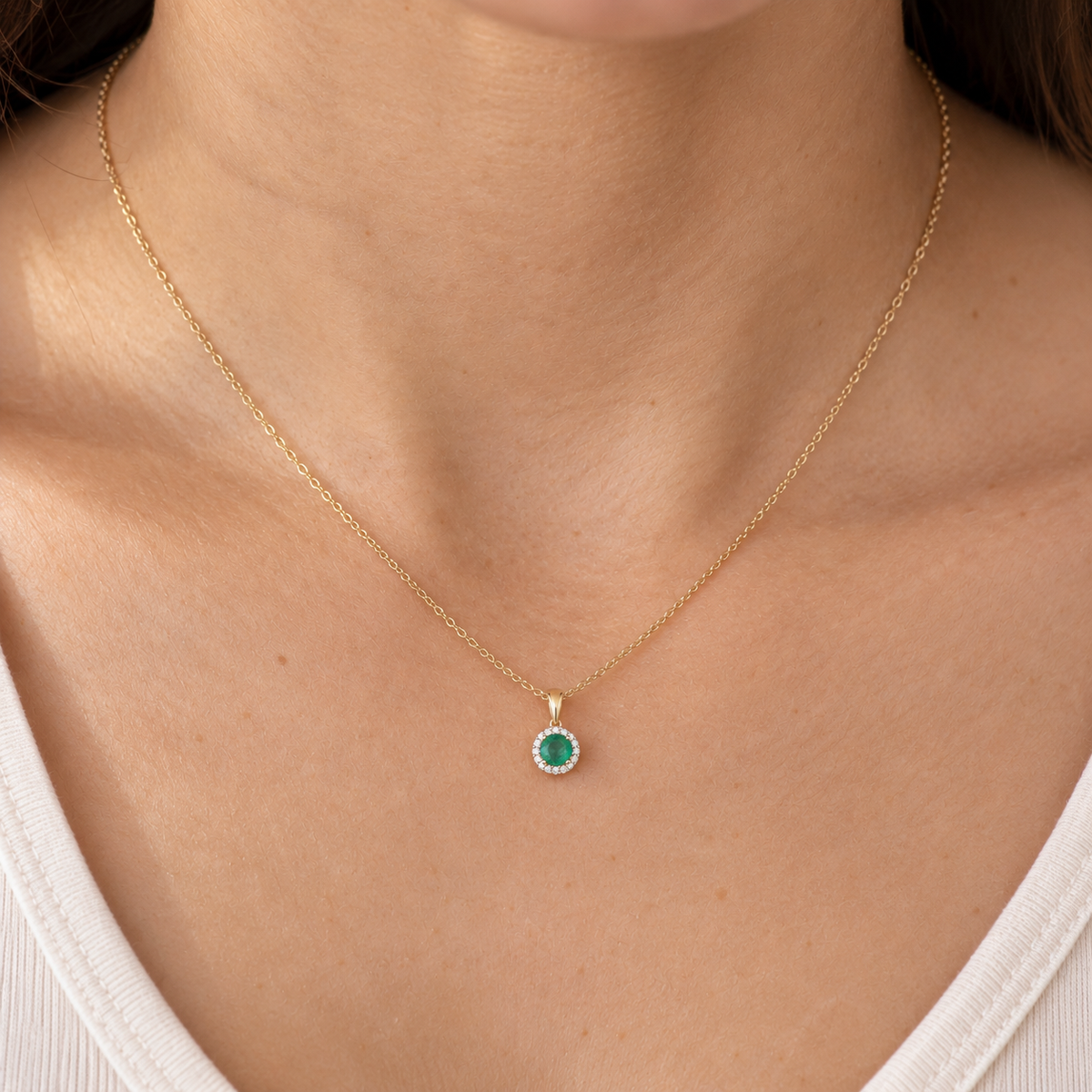 9K Gold 0.03ct Diamond & Green Emerald Pendant