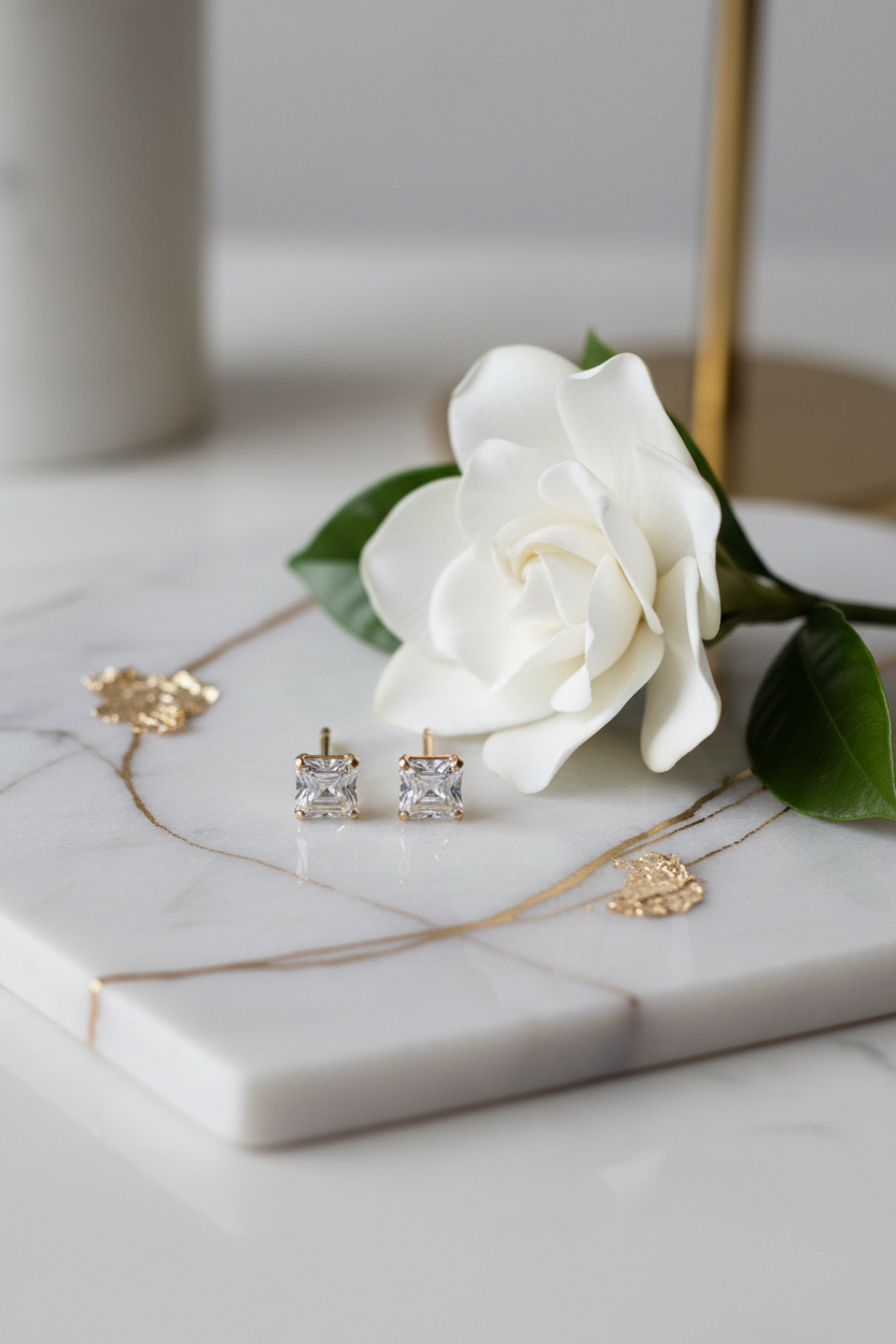 Asscher cut studs on luxury surface with single bloom
