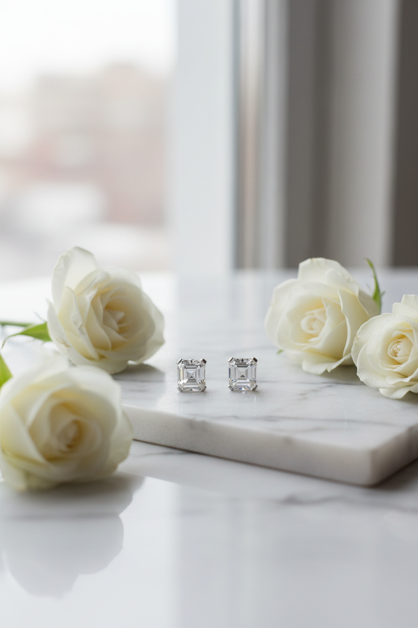 Asscher cut studs on marble with minimal flowers