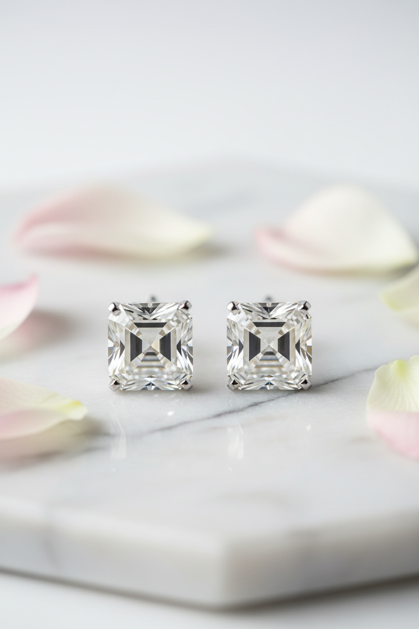Asscher cut studs on marble with scattered petals