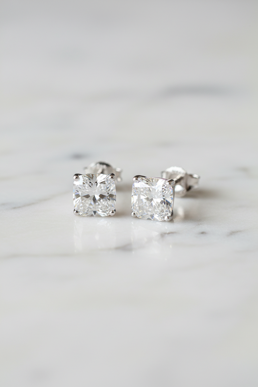 Clear cushion cut earrings on marble