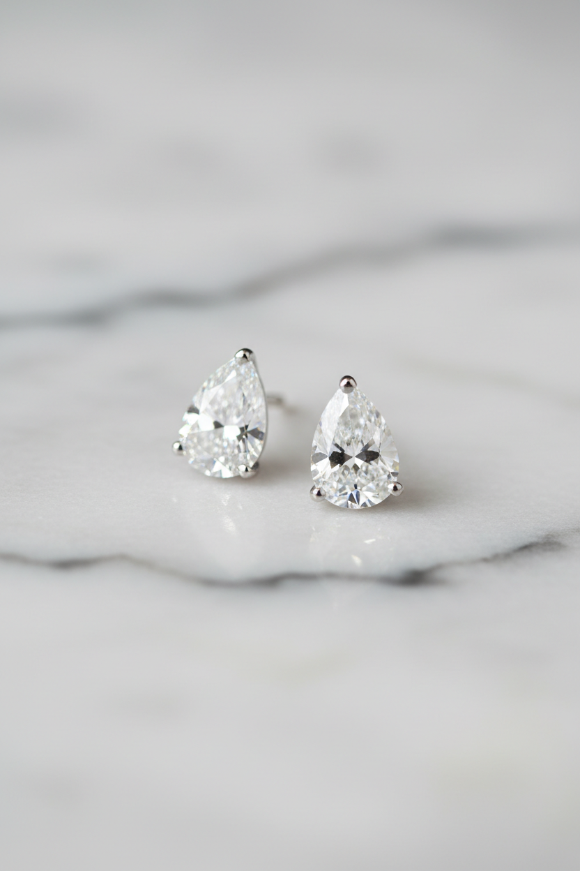 Clear pear earrings on marble