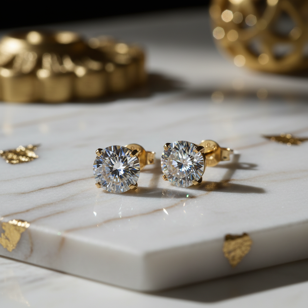 Close-up of diamond stud earrings with dramatic lighting