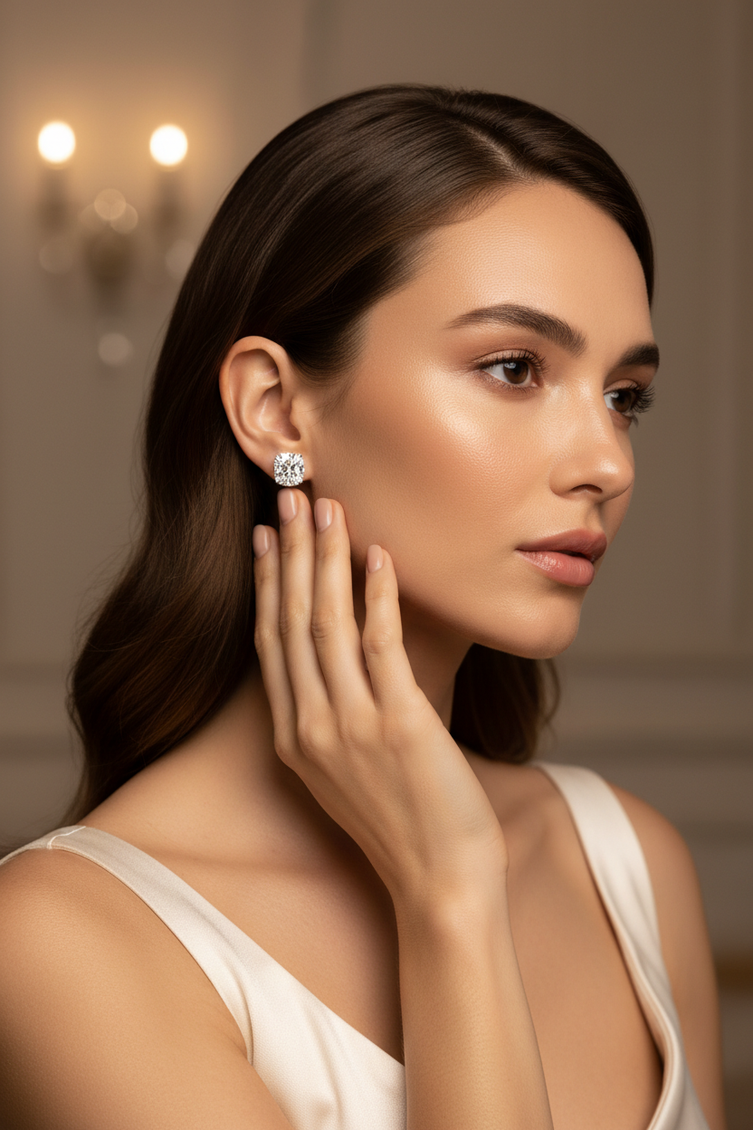Cushion cut earring on model 2