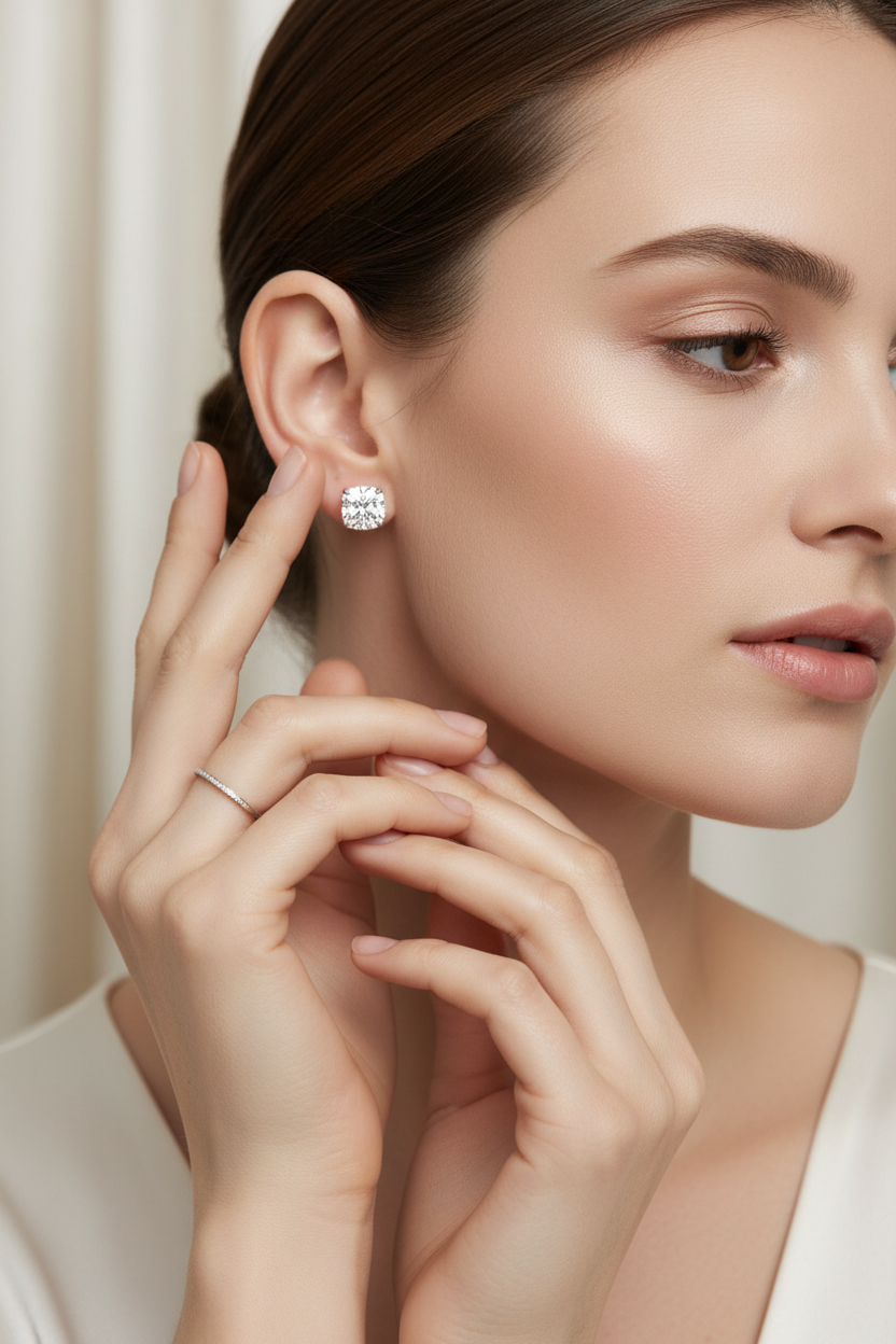 Cushion cut earring on model 4
