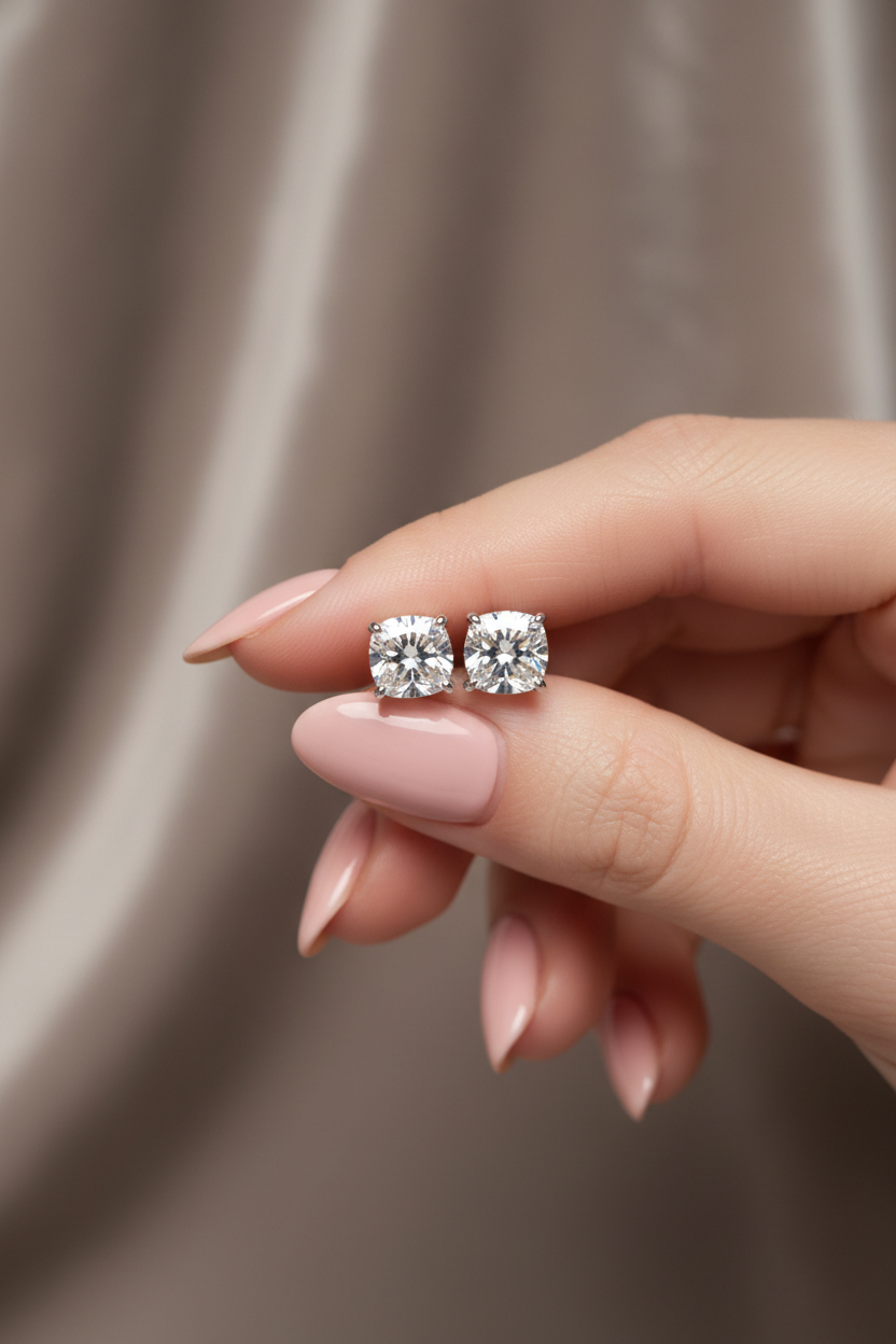 Cushion cut earrings held in hand