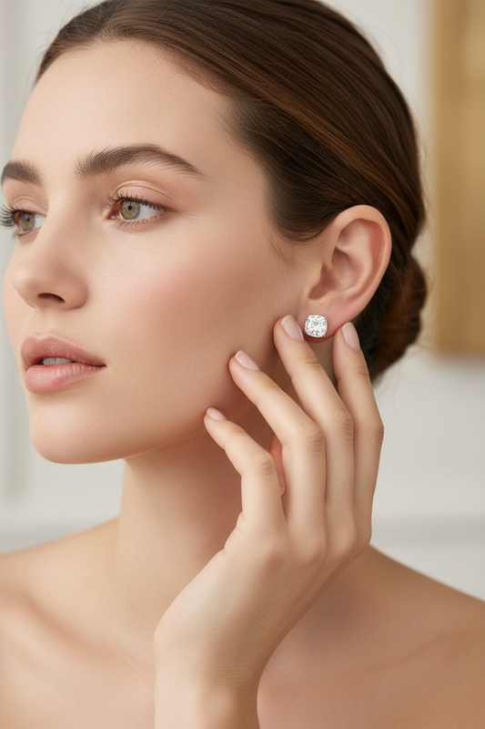 Cushion cut earrings on model 1