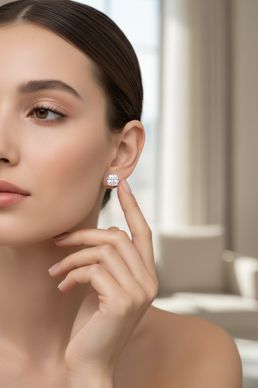 Cushion cut earrings on model