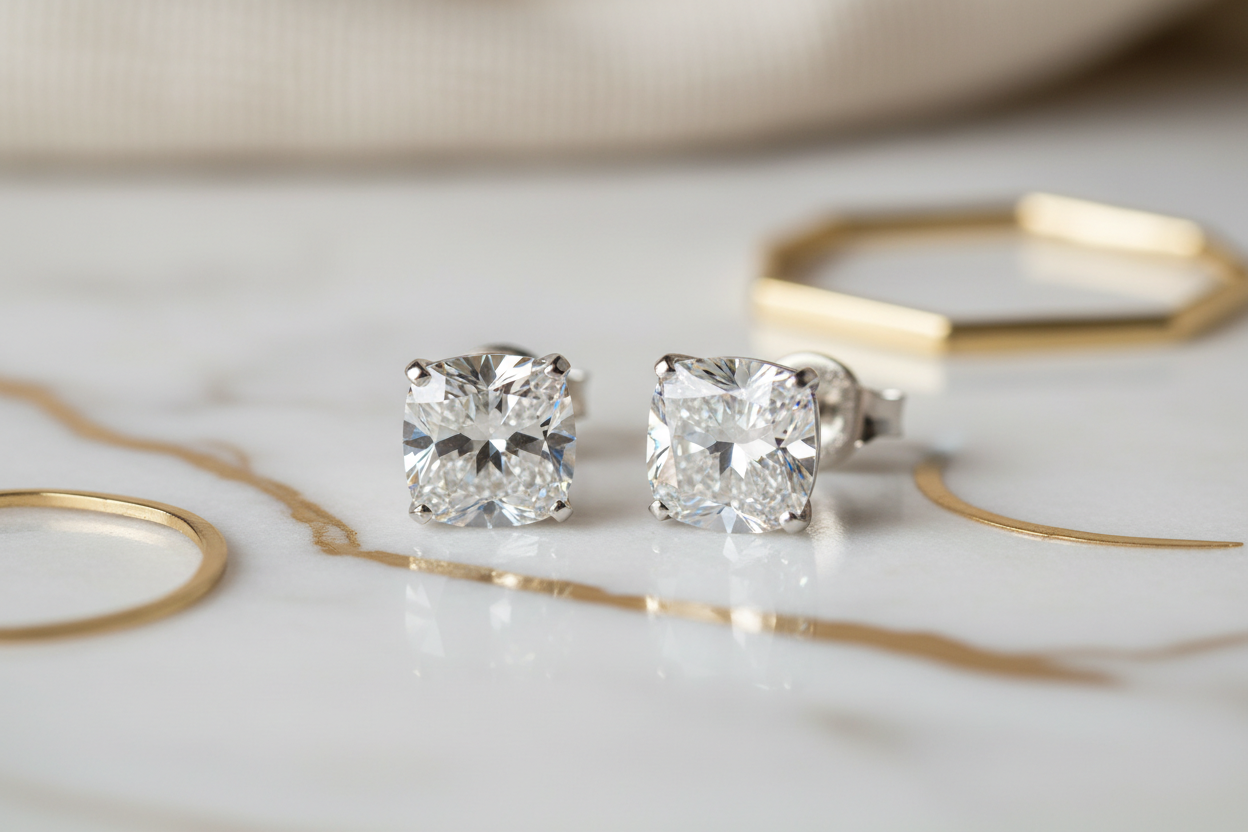 Cushion cut solitaire studs close-up