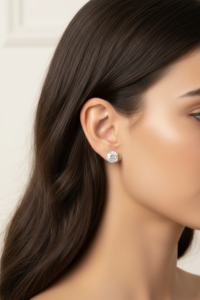 Cushion cut studs on model with hair down - side profile