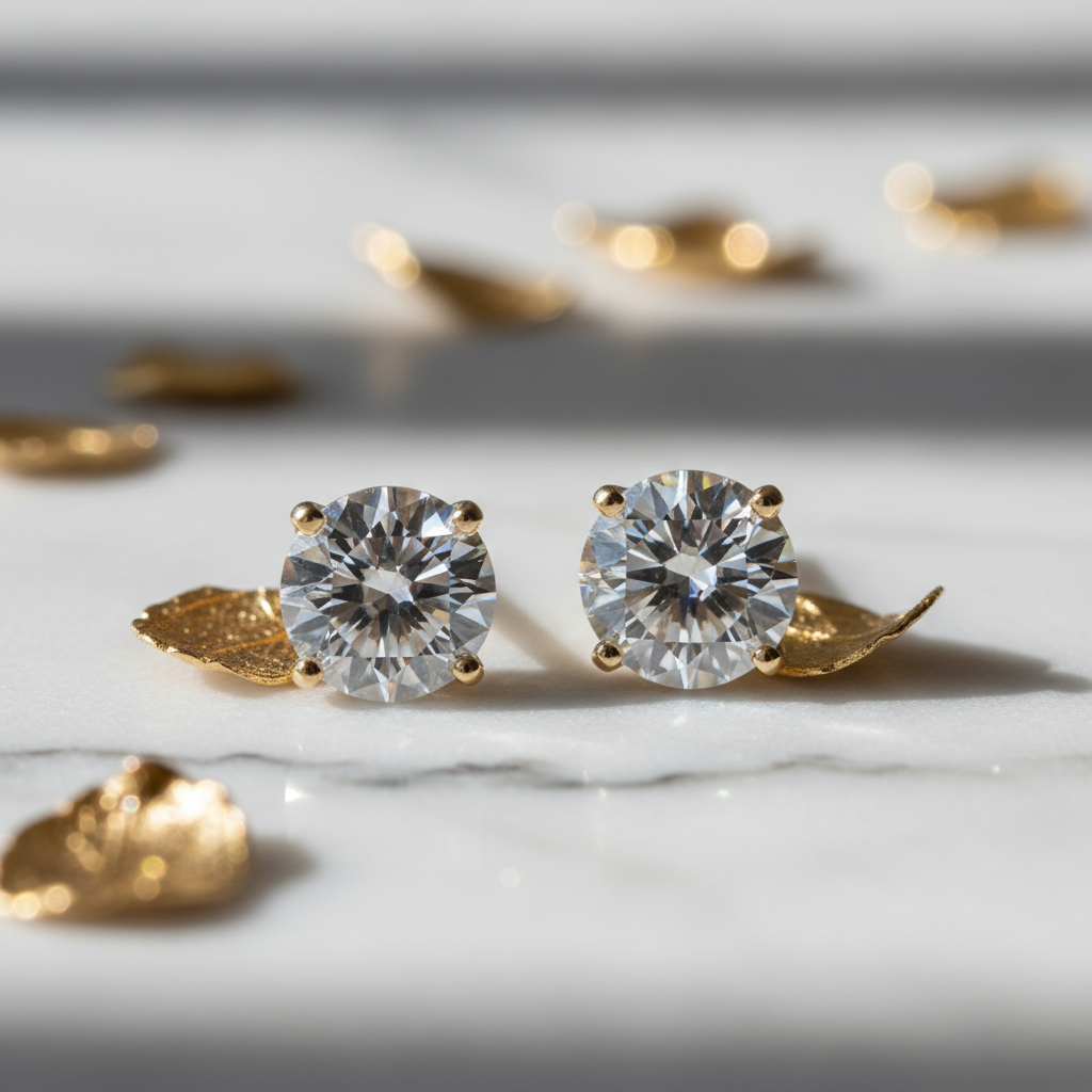 Diamond stud earrings on marble with gold accents