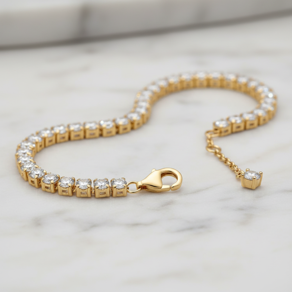 Diamond tennis bracelet clasp detail on marble background