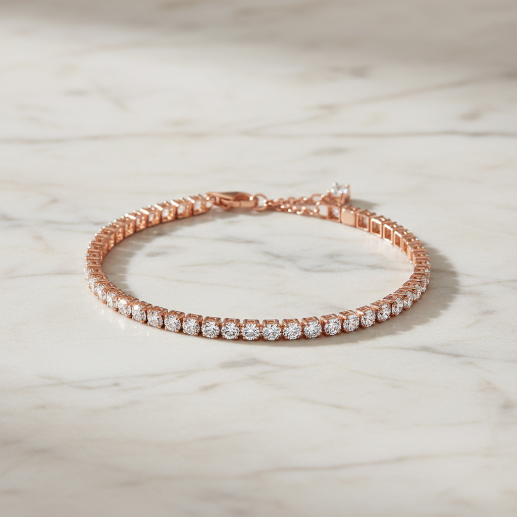 Diamond tennis bracelet in rose gold on marble background