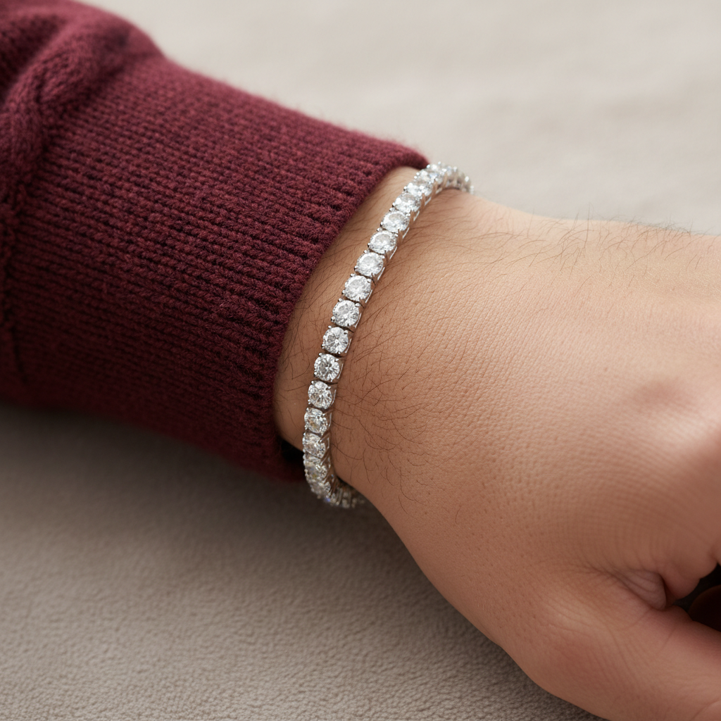 Diamond tennis bracelet on man's wrist