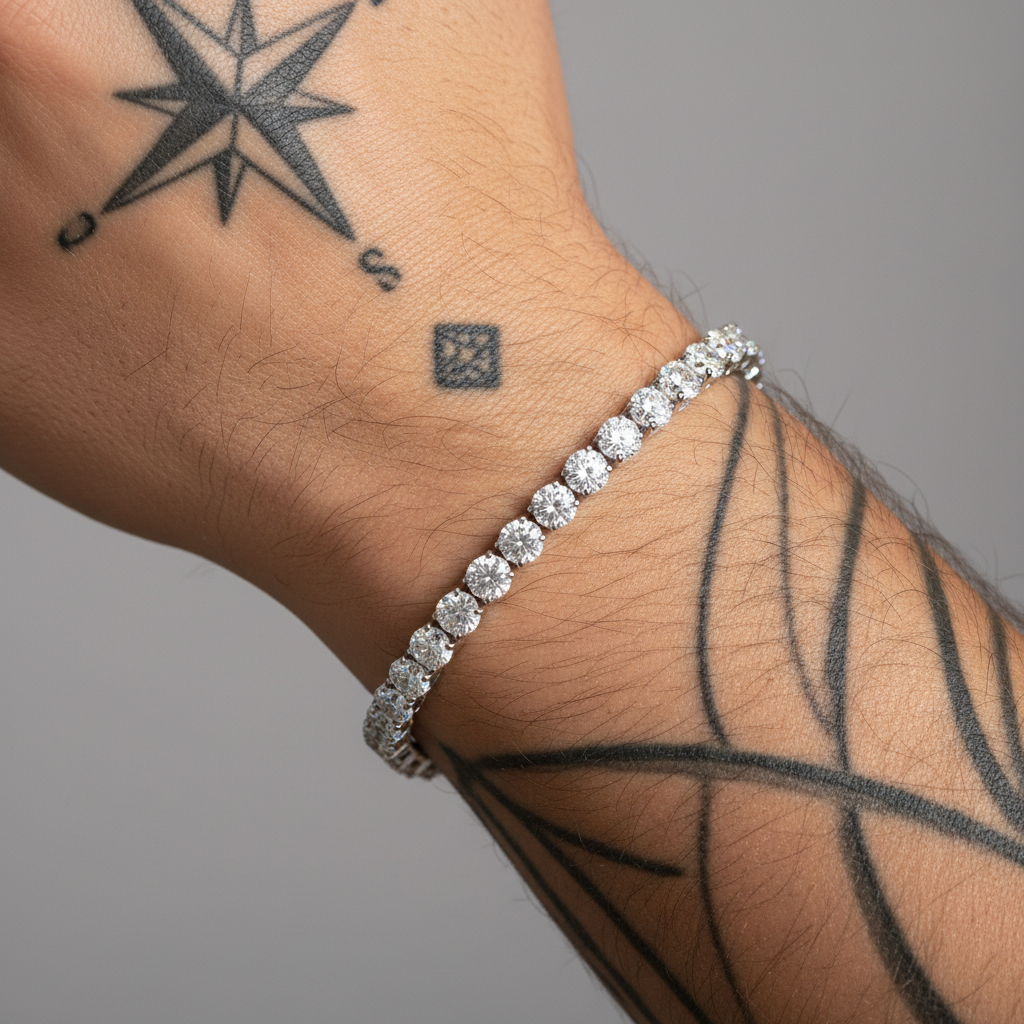 Diamond tennis bracelet on tattooed arm