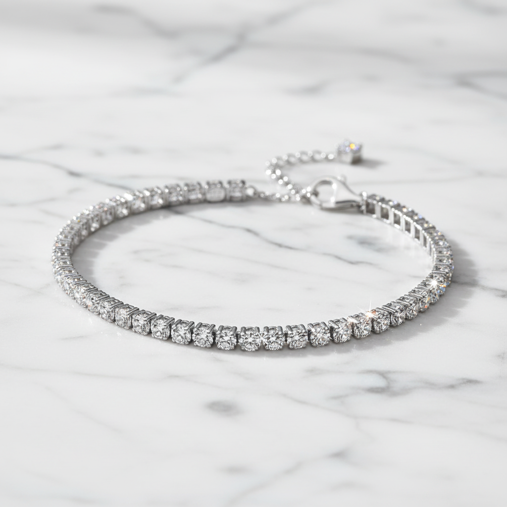 Diamond tennis bracelet on white marble