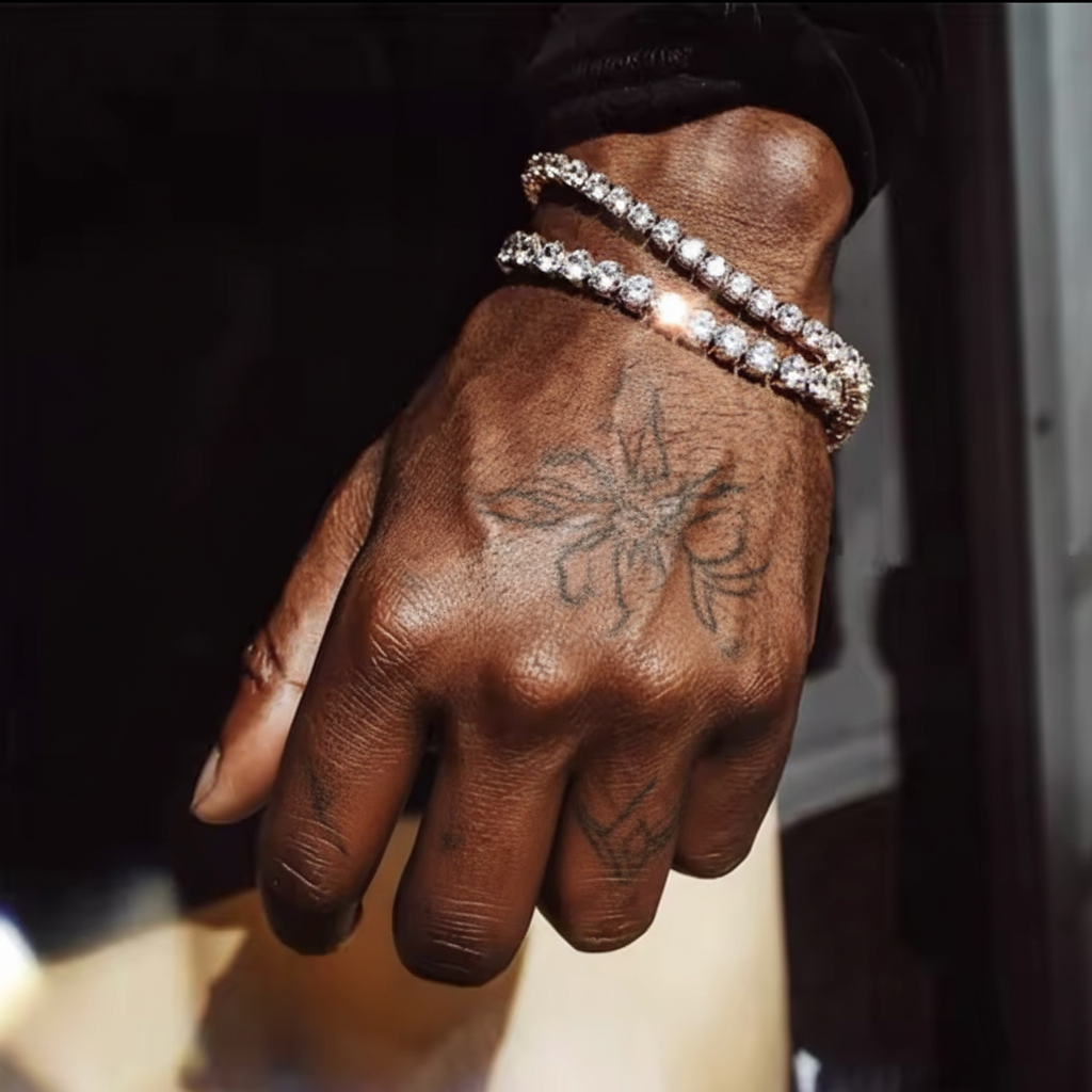 Diamond tennis bracelets on hand with tattoo, no rings