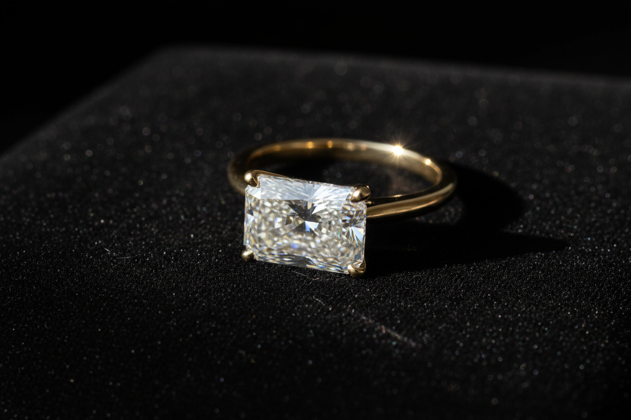 East-west radiant cut ring on black velvet