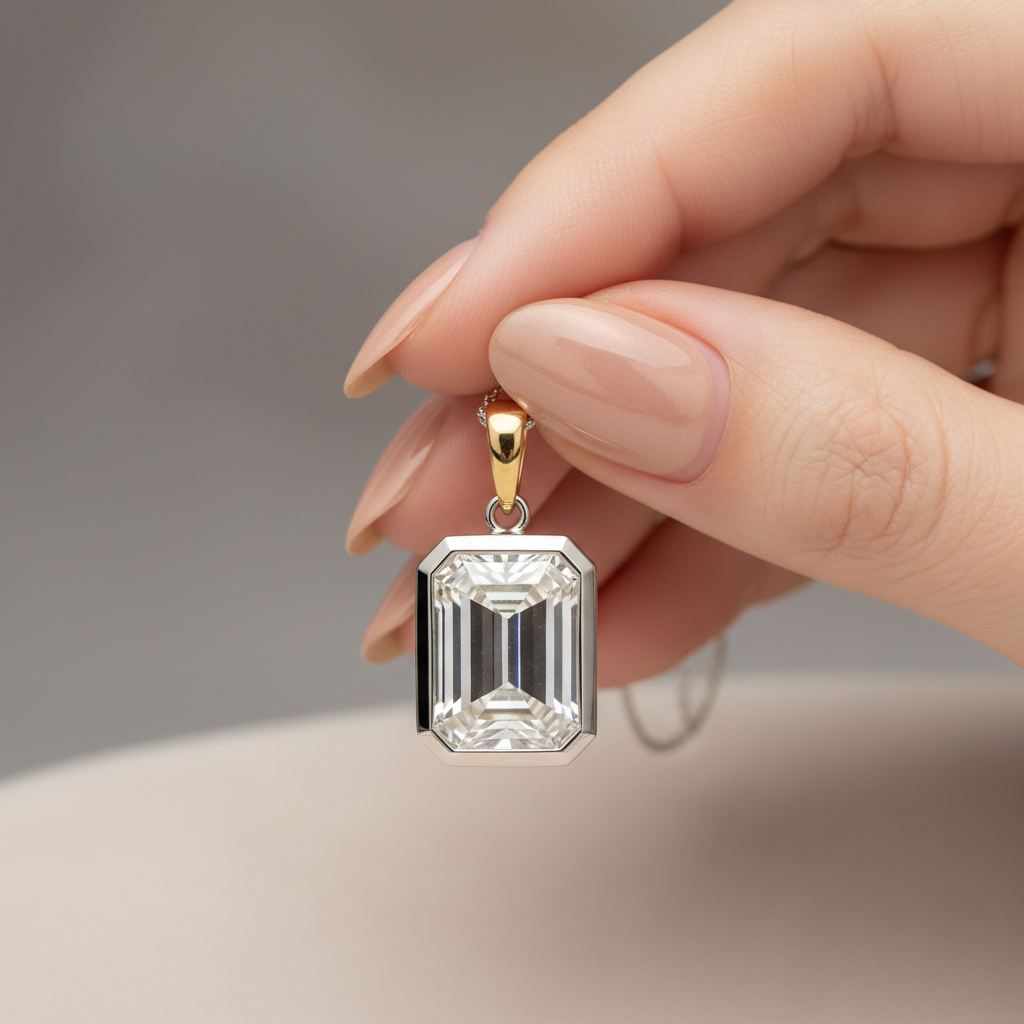 Emerald cut diamond pendant in female hand