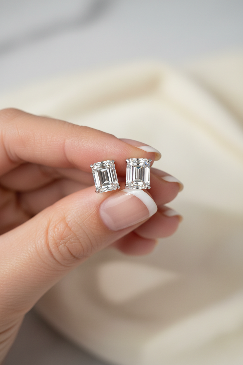 Emerald-cut earrings held in hand