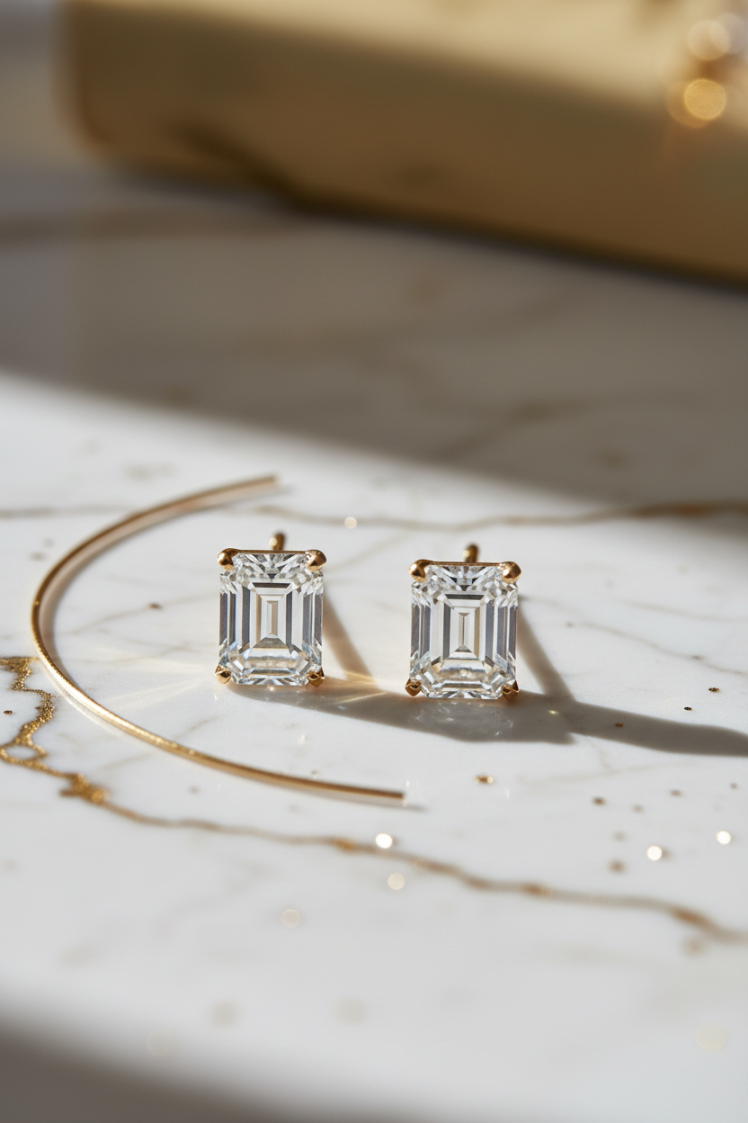 Emerald-cut earrings on marble