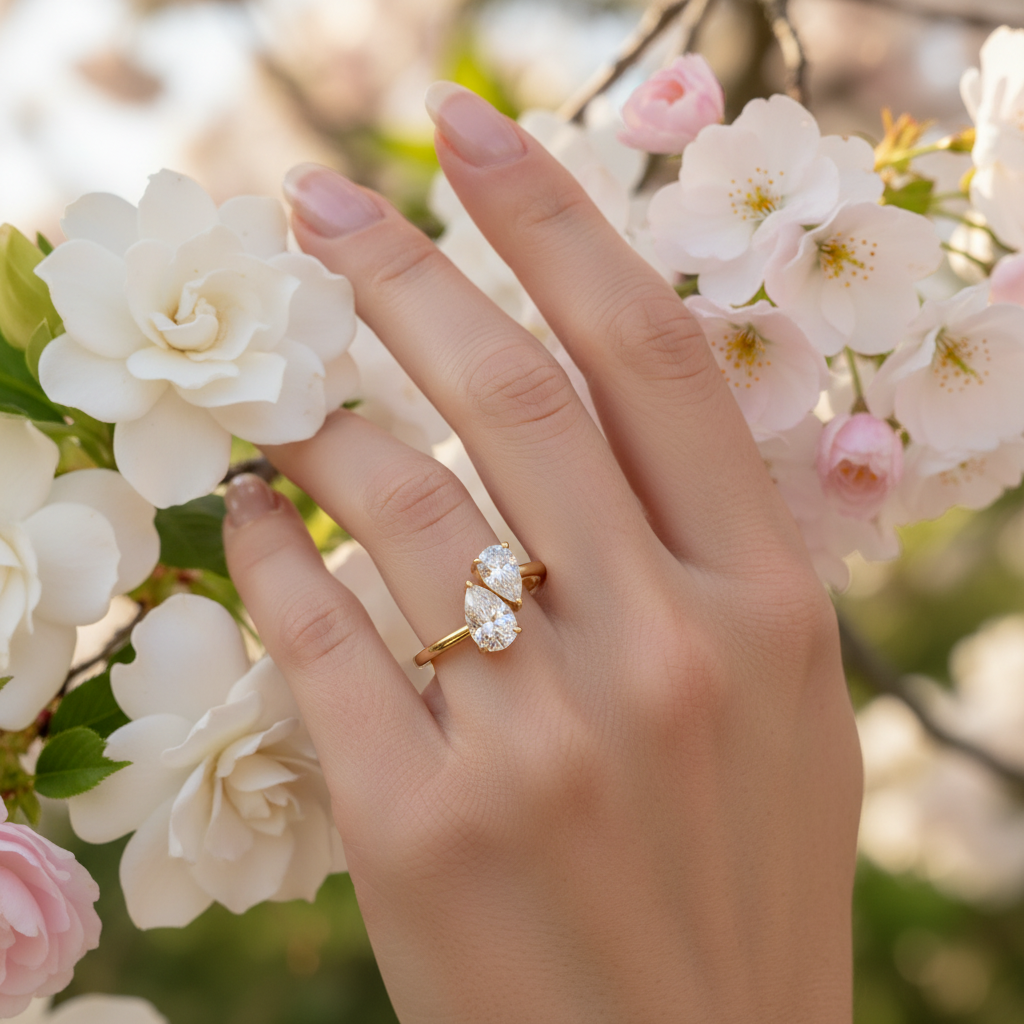 Female hand among garden flowers