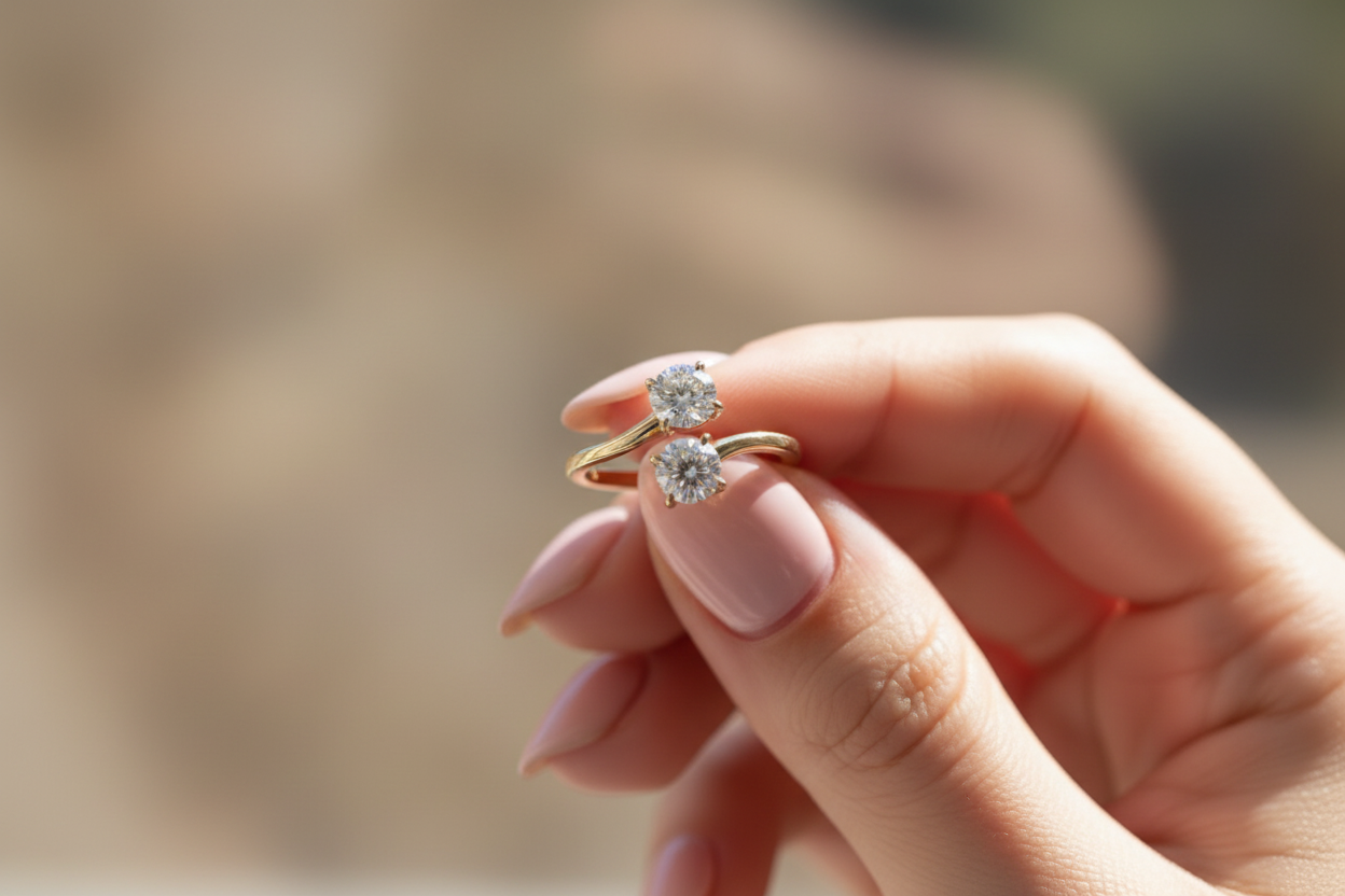 Hand with pink nails holding ring in sunlight