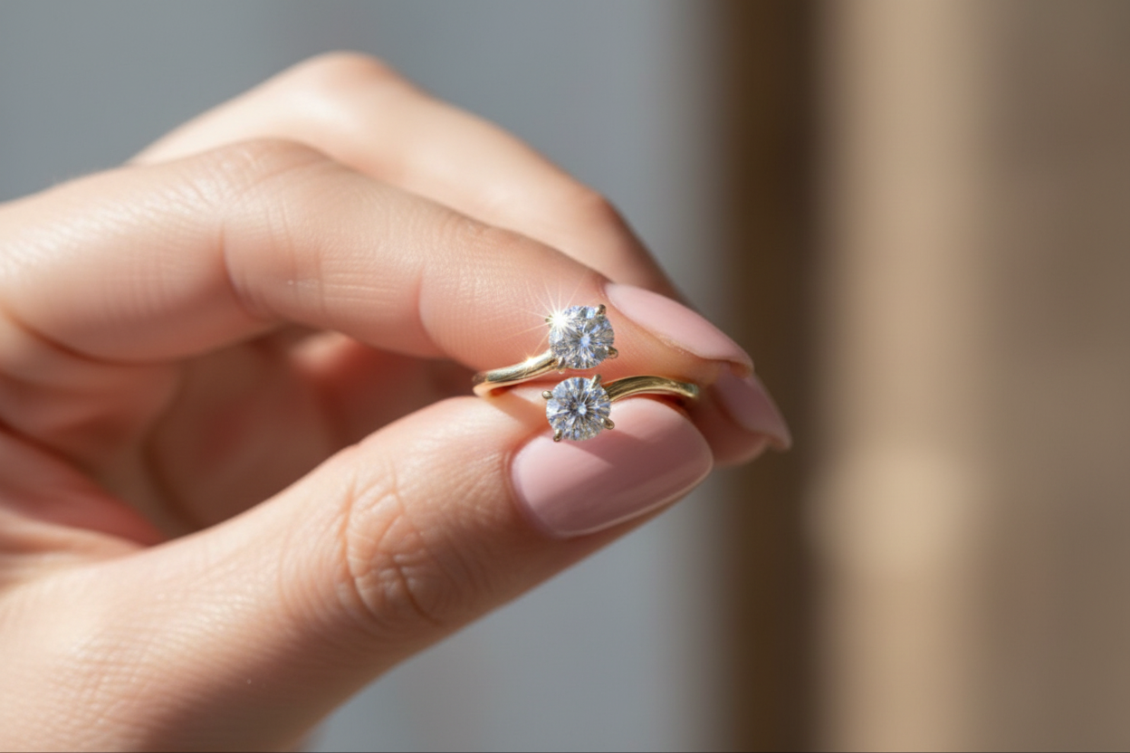 Hand with pink nails holding ring up to light