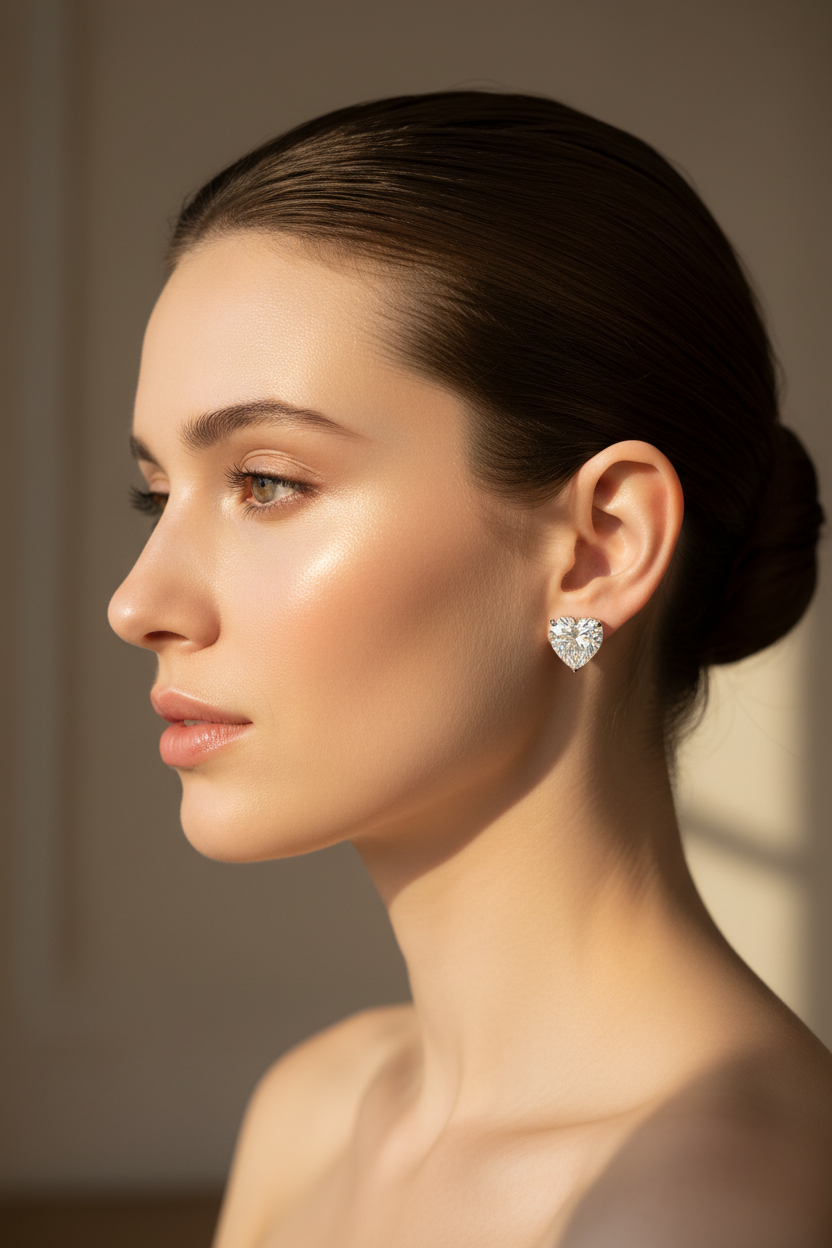 Heart-shaped diamond studs on model - side profile