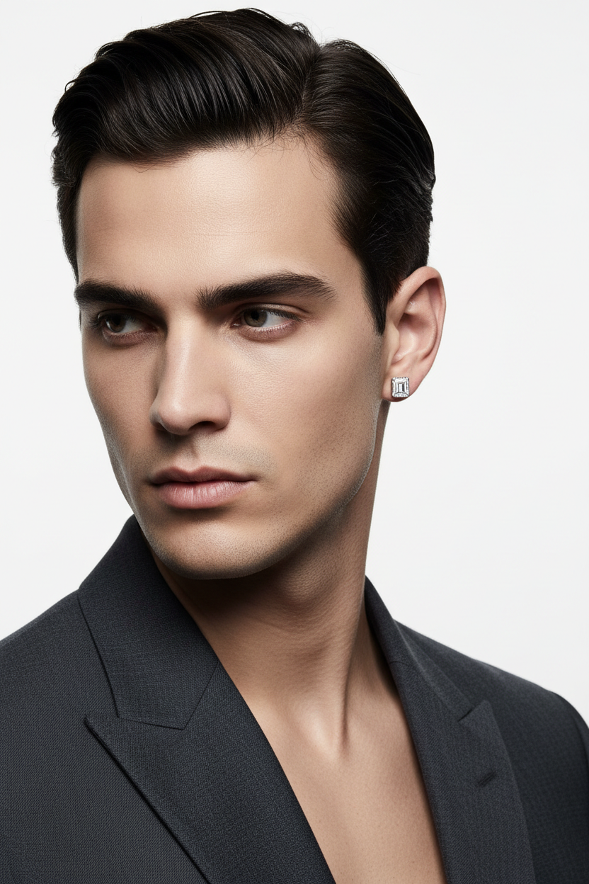 Male model wearing single Asscher cut stud - close-up