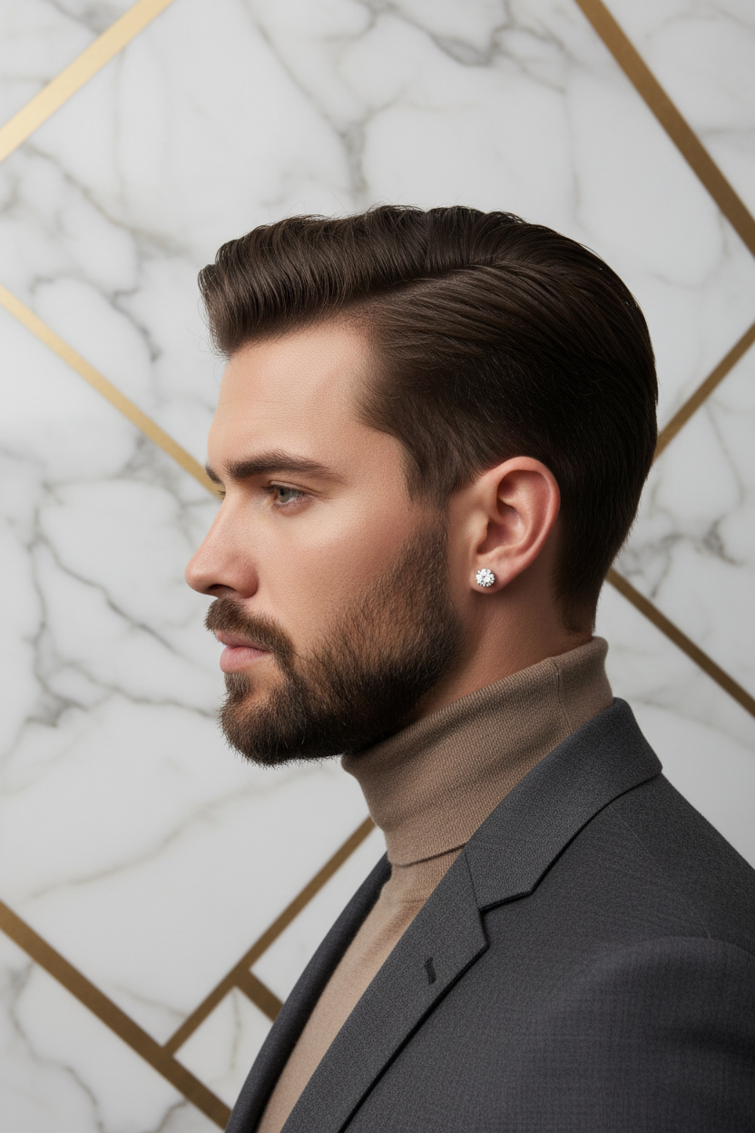 Male model wearing single round solitaire stud - side profile