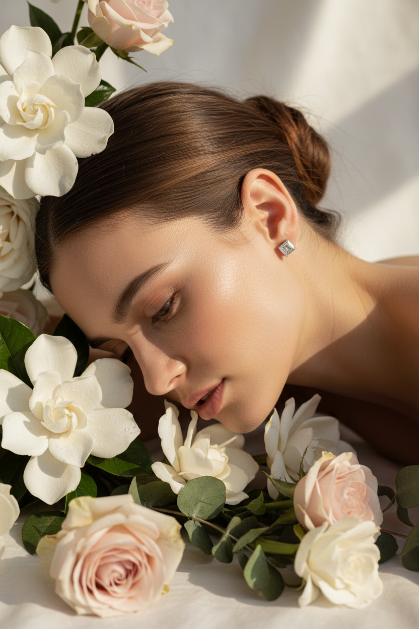 Model wearing Asscher cut studs with flowers - close-up