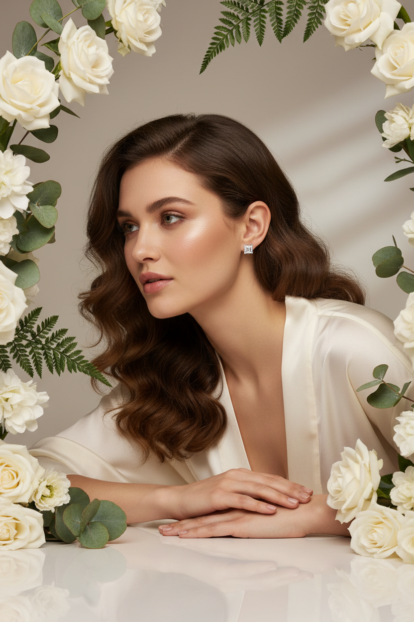 Model wearing Asscher cut studs with flowers - three-quarter view