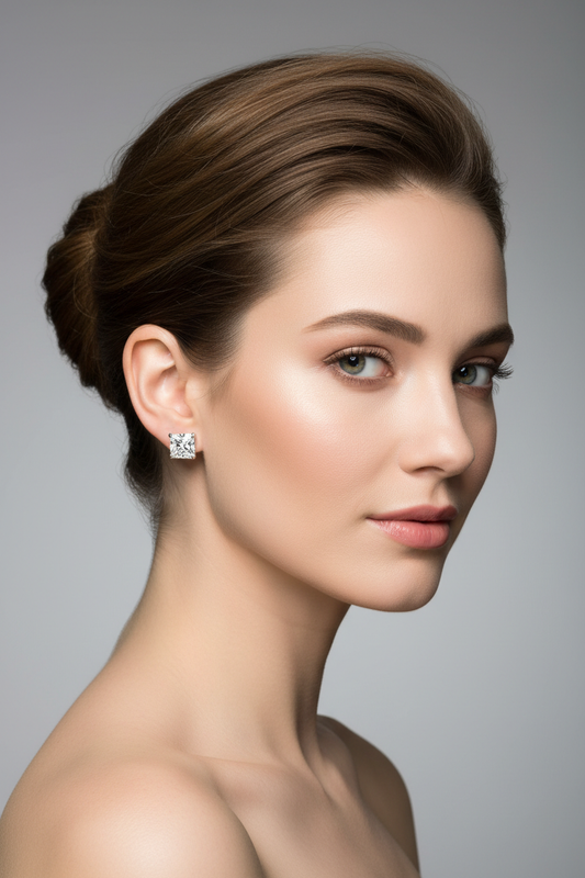Model wearing princess cut solitaire studs - three-quarter view
