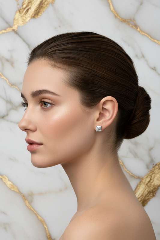 Model wearing small Asscher cut solitaire studs - side profile