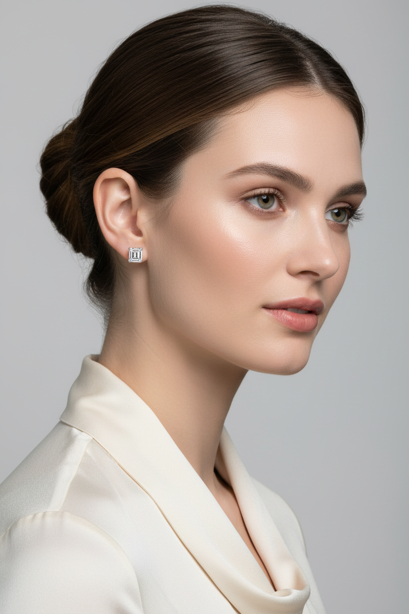 Model wearing small Asscher cut solitaire studs - three-quarter view