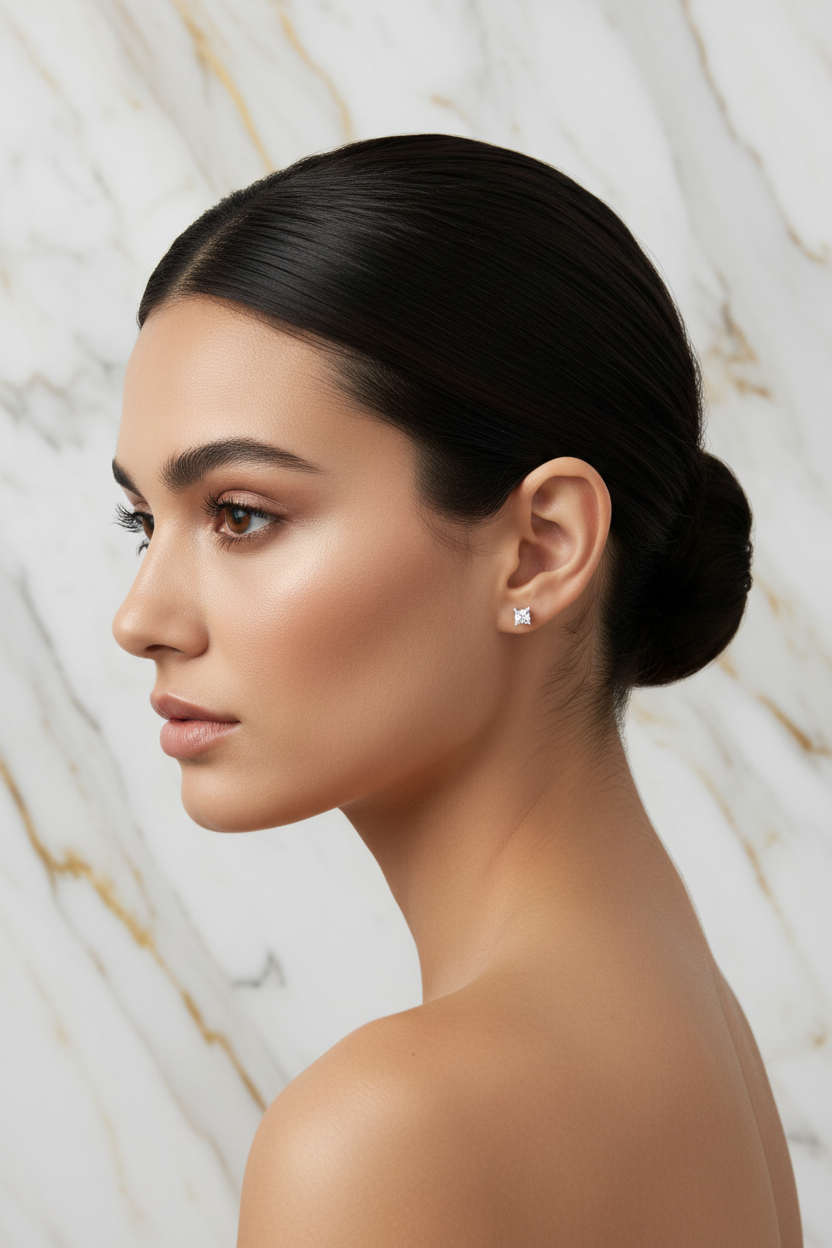 Model wearing small princess cut solitaire studs - side profile