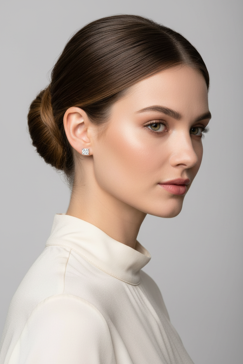 Model wearing small princess cut solitaire studs - three-quarter view