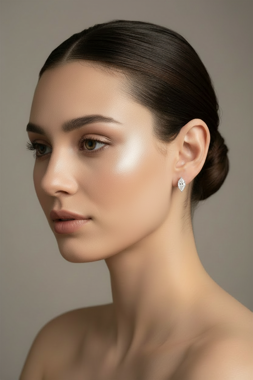 Model wearing smaller marquise stud earrings