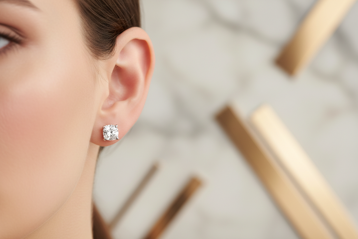Petite cushion cut earring on ear