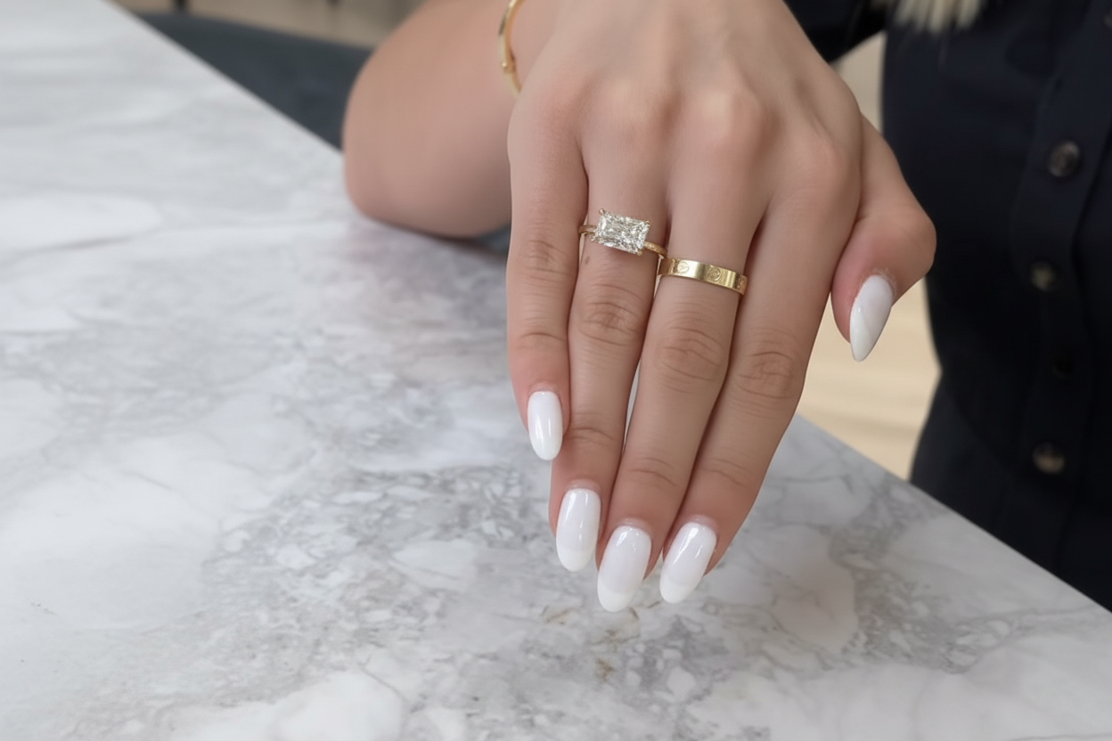 Radiant diamond rings with all white nails